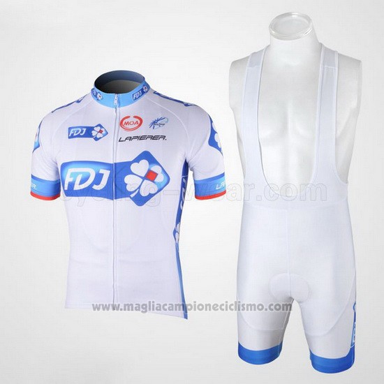 2010 Abbigliamento Ciclismo FDJ Bianco e Azzurro Manica Corta e Salopette